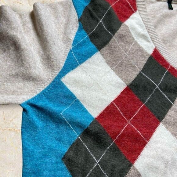 Benetton Argyle Long Sleeve V-Neck Pullover Sweater Small Preppy Academia - Picture 4 of 8